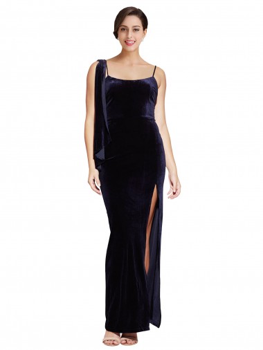 Stretch Velvet Square Neck Low Back Sheath Dark Navy Formal Evening Gown / Prom Dress / Bridesmaid Dress Derby