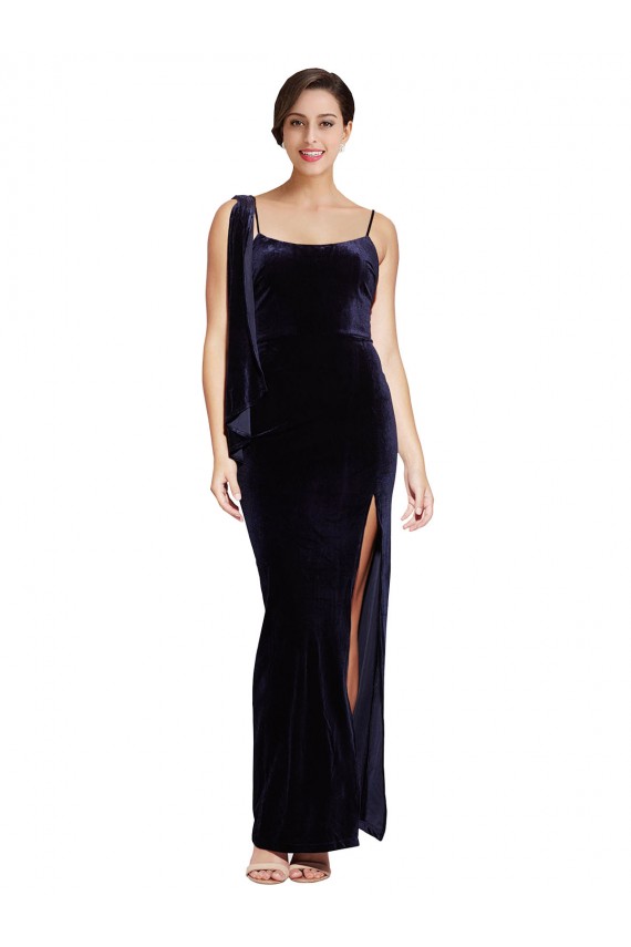 Stretch Velvet Square Neck Low Back Sheath Dark Navy Formal Evening Gown / Prom Dress / Bridesmaid Dress Derby