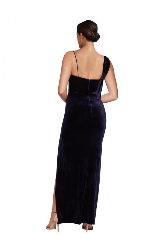 Stretch Velvet Square Neck Low Back Sheath Dark Navy Formal Evening Gown / Prom Dress / Bridesmaid Dress Derby