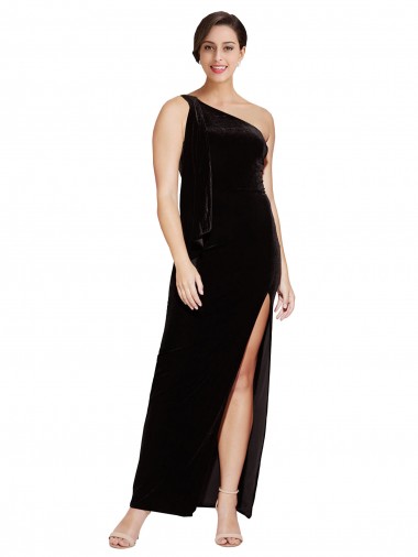 Stretch Velvet One Shoulder Sheath Black Formal Evening Gown / Prom Dress / Bridesmaid Dress Derby