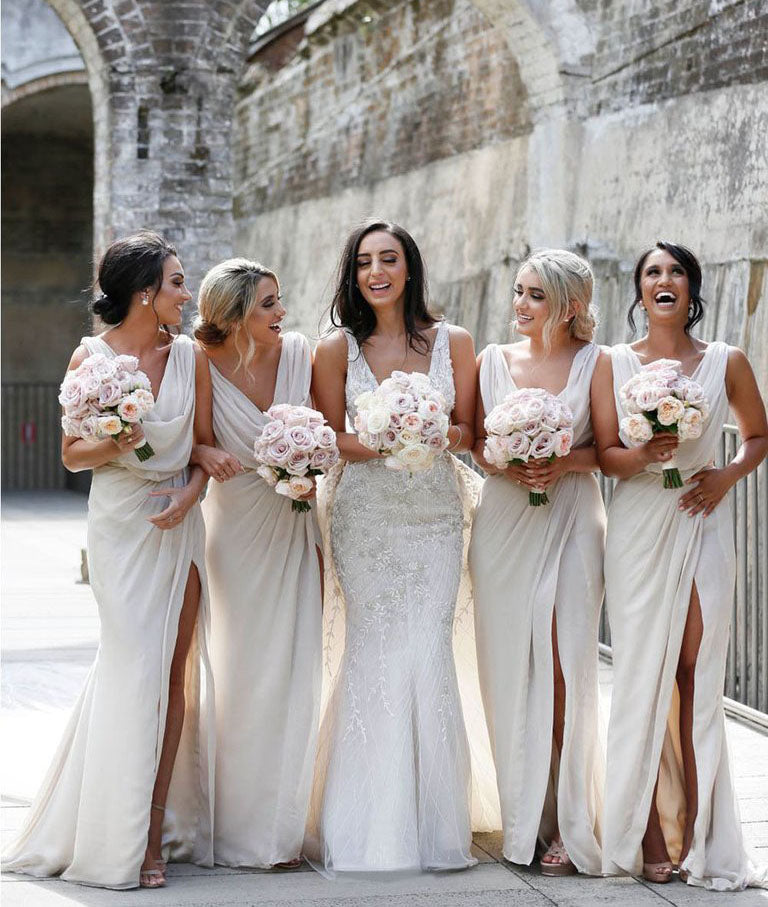Full Length Luxe Chiffon Long Champagne bridesmaid dresses Derby with Sexy High Slit and Front Ruffles