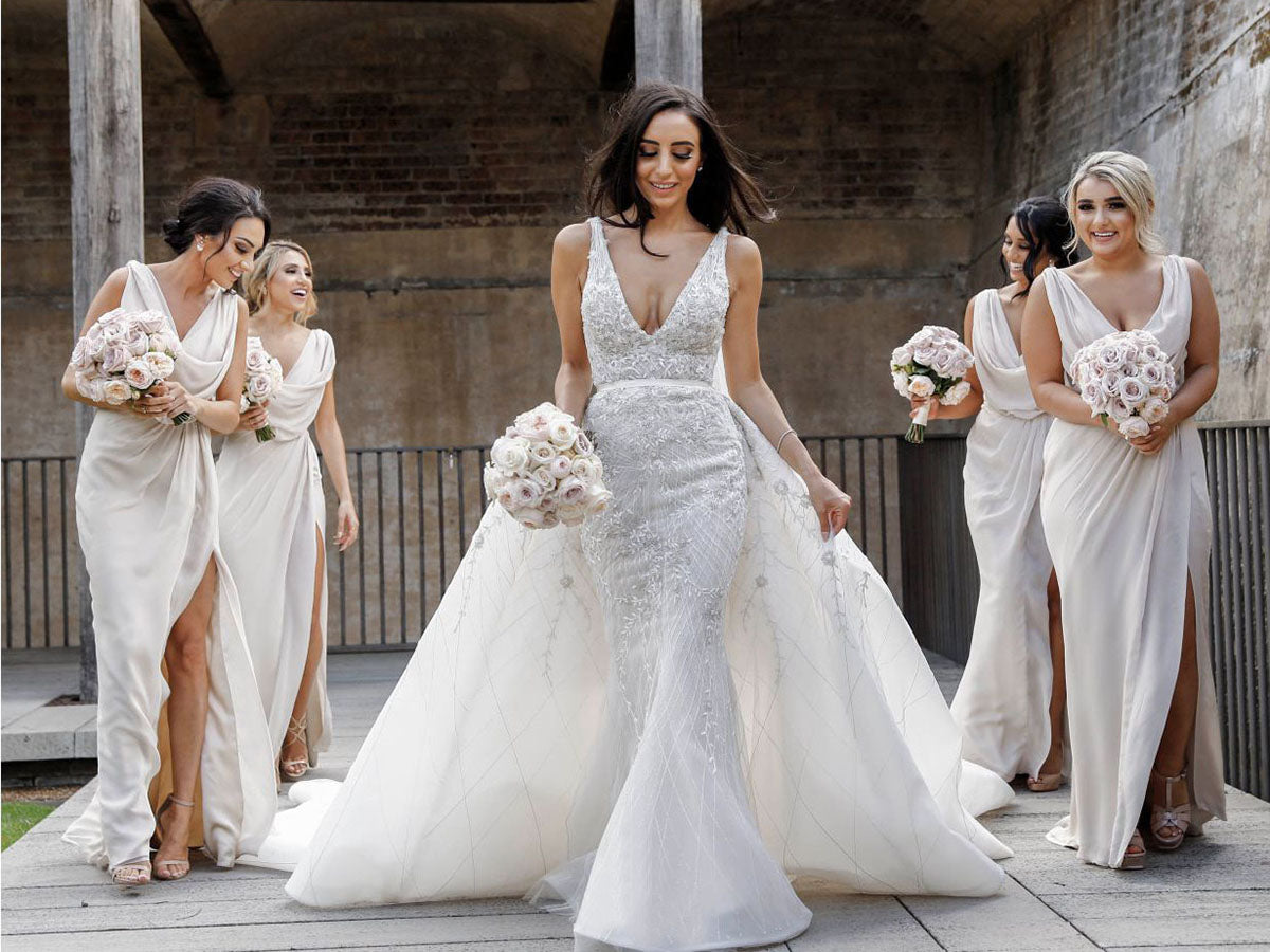 Full Length Luxe Chiffon Long Champagne bridesmaid dresses Derby with Sexy High Slit and Front Ruffles