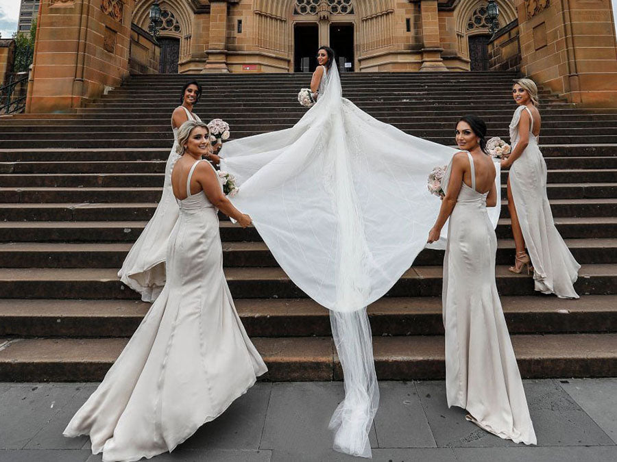 Full Length Luxe Chiffon Long Champagne bridesmaid dresses Derby with Sexy High Slit and Front Ruffles