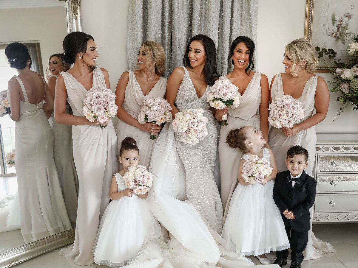 Full Length Luxe Chiffon Long Champagne bridesmaid dresses Derby with Sexy High Slit and Front Ruffles