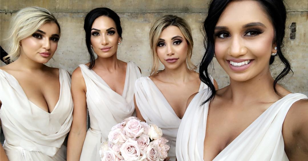 Full Length Luxe Chiffon Long Champagne bridesmaid dresses Derby with Sexy High Slit and Front Ruffles