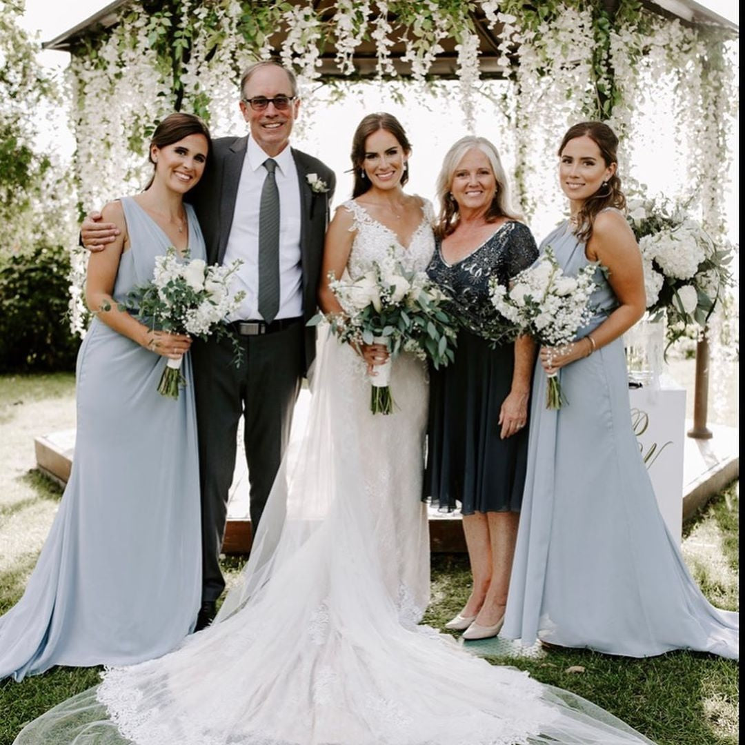 Dusty Blue Full Length Luxe Chiffon Long Champagne bridesmaid dresses Derby with Sexy High Slit and Front Ruffles