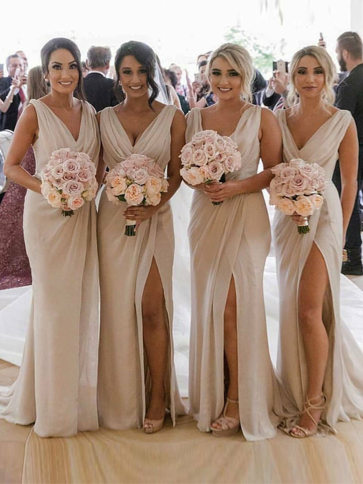 Champagne Full Length Luxe Chiffon Long Champagne bridesmaid dresses Derby with Sexy High Slit and Front Ruffles
